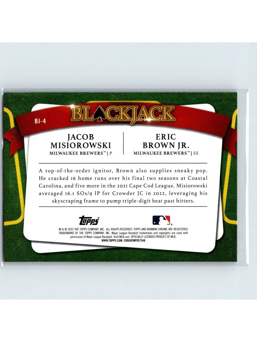 2022 Bowman Chrome Jacob Misiorowski Eric Brown Jr. #BJ-4 Blackjack Brewers